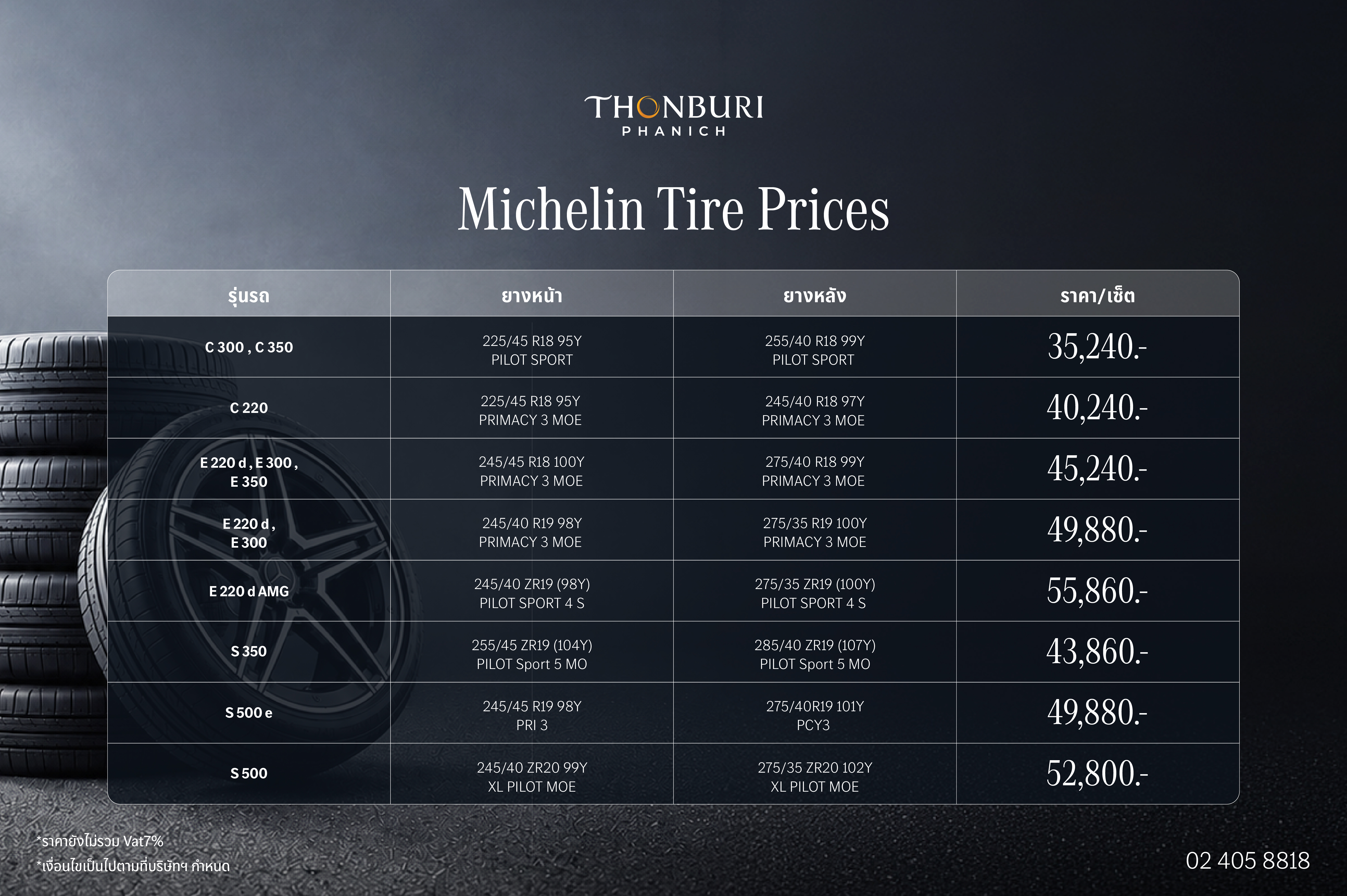 ดูแลทุกการเดินทางของคุณให้มั่นใจยิ่งขึ้น กับสิทธิพิเศษสำหรับ Mercedes-Benz Tires ​

เปลี่ยนยางครบ 4 เส้น รับฟรีค่าแรงถอดใส่และถ่วงล้อ พร้อมบริการสลับยางทุก 10,000 กม. สูงสุด 4 ครั้ง*​

เริ่มต้นเพียง 35,240 บาท* ​

ตั้งแต่วันนี้ – 31 ธันวาคม 2569​